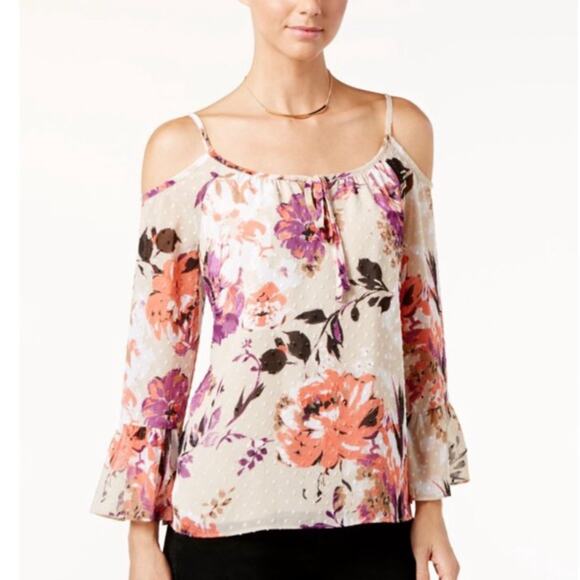 INC Floral Cream Purple Cold Shoulder Long Bell Sleeve Blouse Women’s - Picture 1 of 11